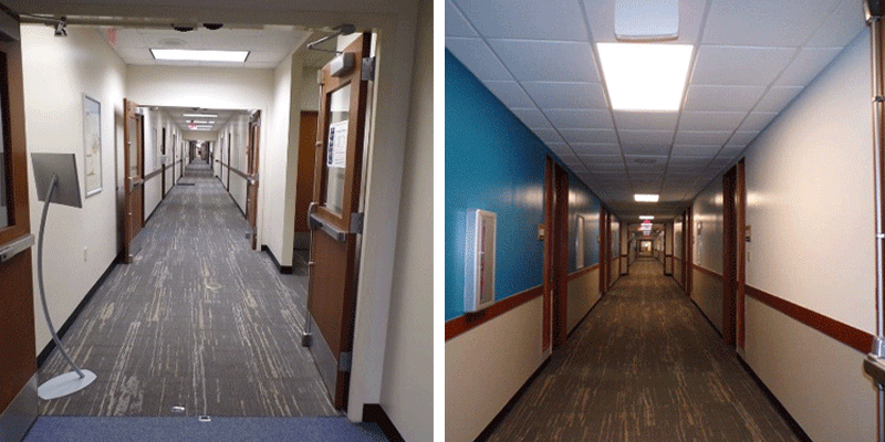 Mattawan hallway before and after conservation lighting