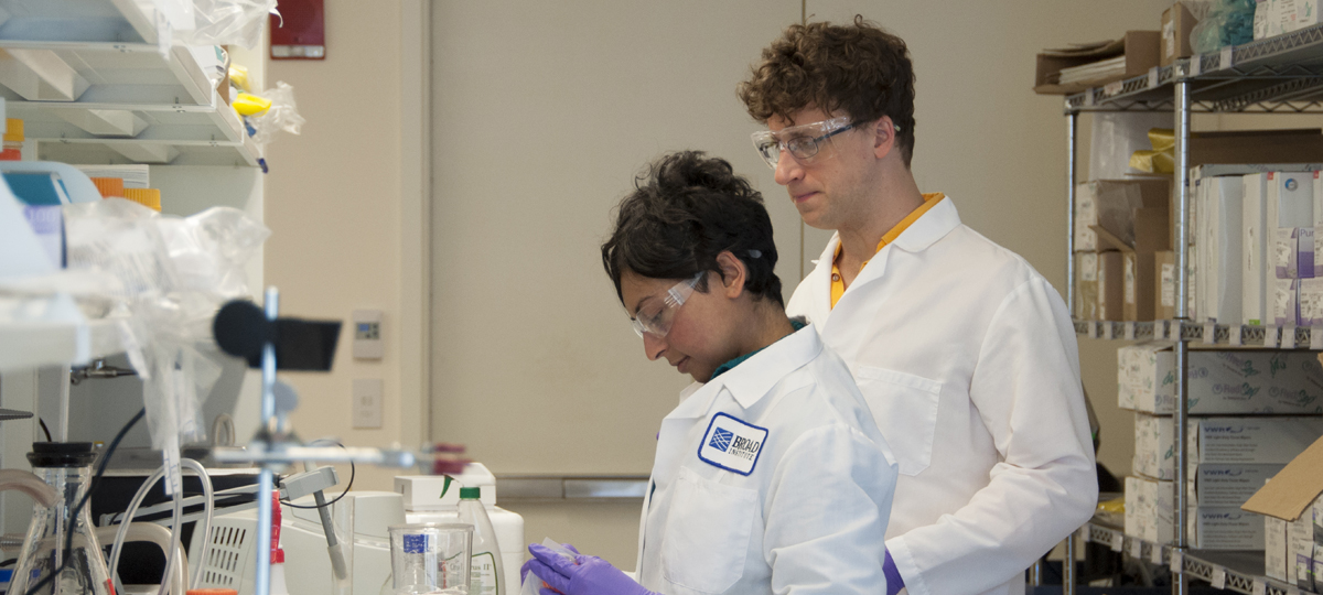 Prion disease researchers Sonia Vallabh and Eric Minikel working in their lab