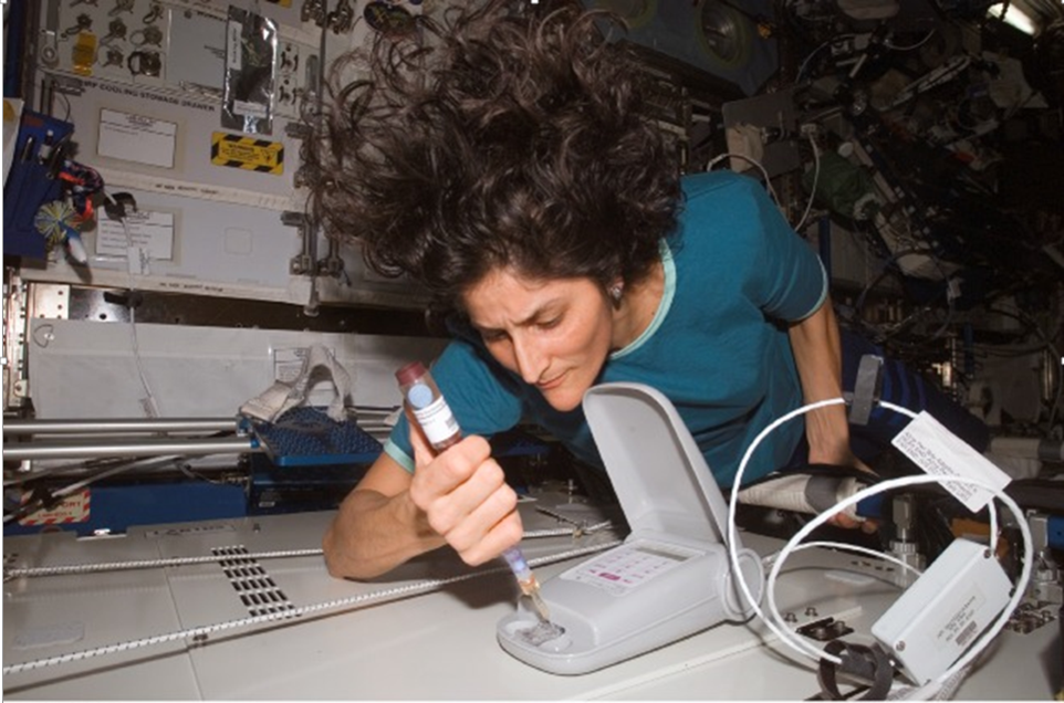 Astronaut using hand-held endotoxin testing system in zero gravity to mimic space