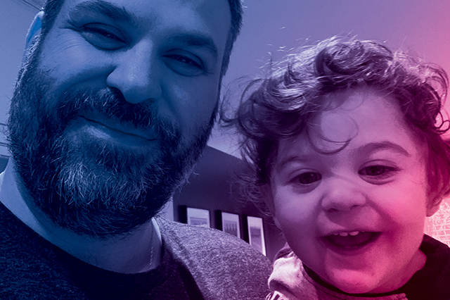 Photo of Terry Priovolakis and his young son, Michael overlaid with Vital Science colors.