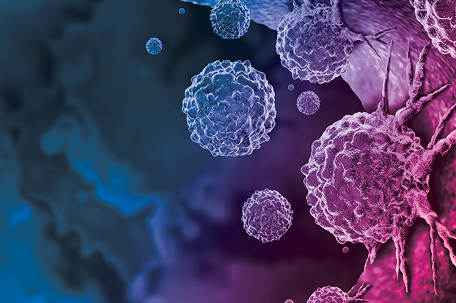 Cancer cells overlaid with the Vital Science colors.