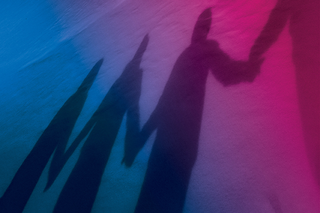 Shadows on pavement of four people holding hands overlaid with Vital Science colors.