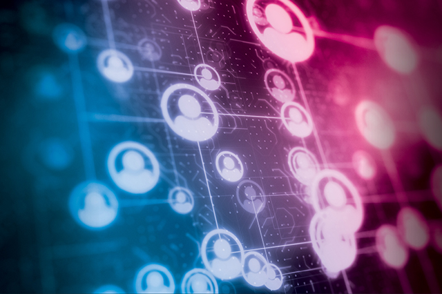 Graphic rendering with icons of people on a digital matrix overlaid with Vital Science colors.