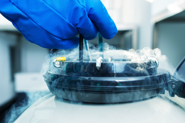 animal lab technician working with a tank of cryopreserved rat and mouse samples