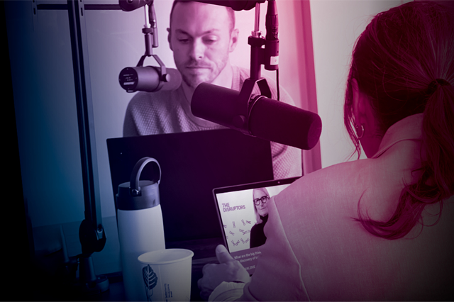 Todd Poley and Gina Mullane in the studio recording this episode, overlaid with Vital Science colors.