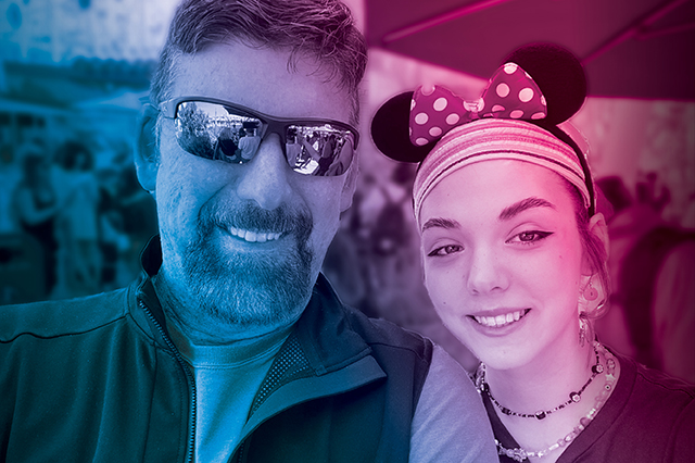 Photo of a smiling Emily and Tom Whitehead overlaid with Vital Science colors. Emily is wearing Mickey Mouse ears and Tom is wearing sunglasses.