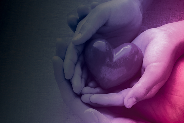 Photo of a mother and daughters hands holding a heart shaped rock over laid with Vital Science colors.