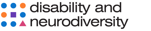 Logo for the Disability and Neurodiversity ERG shows a grid with five blue circles, two orange circles, a purple square, and a pink triangle with the words Disability and Neurodiversity stacked.
