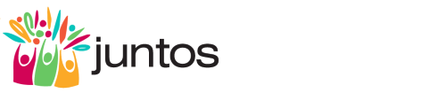 Logo for the Juntos (Together) ERG shows three silhouettes with hands up in the air in celebration in fuchsia, green and gold with the word Juntos.