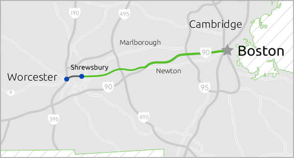 Map of directions from Boston to Charles River Worcester.