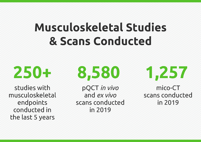 Charles River’s experts have extensive experience in bone toxicity studies and musculoskeletal programs. Conducting over 250 studies, 8,580 qQCT in vivo and ex vivo scans, and 1,257 micro-CT scans in 2019, our experience can help drug developers meet their objectives.