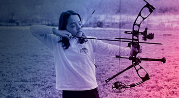 Photo of Evie shooting a bow and arrow at a target out of frame overlaid with Vital Science colors.