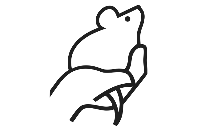 A simple black-and-white line drawing of a hand gently holding a small mouse, with the mouse's profile and ear prominently visible.