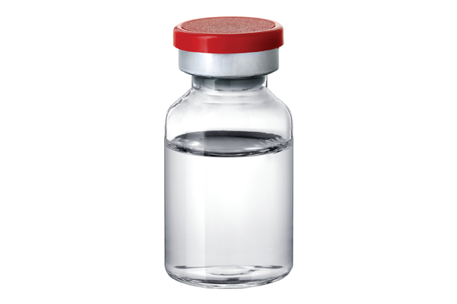 A clear glass vial with a red cap containing a transparent liquid, set against a white background.