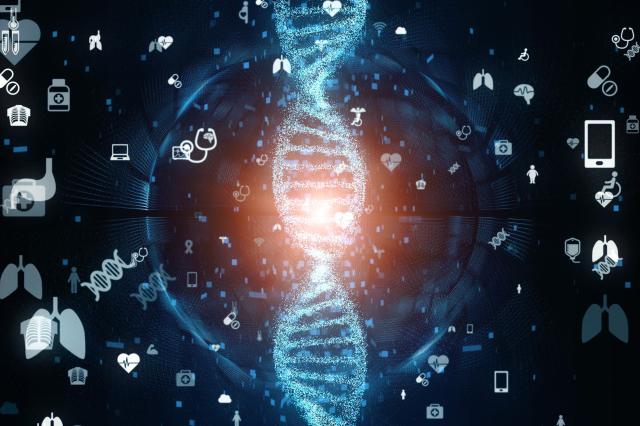 Graphic rendering of DNA representing cell and gene therapy.