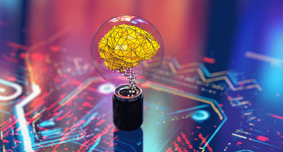 A lightbulb with a brain inside. Depicts the growing trend in AI in drug discovery.