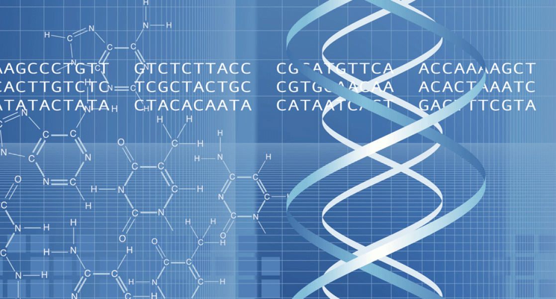 DNA double helix against backdrop of chemical codes