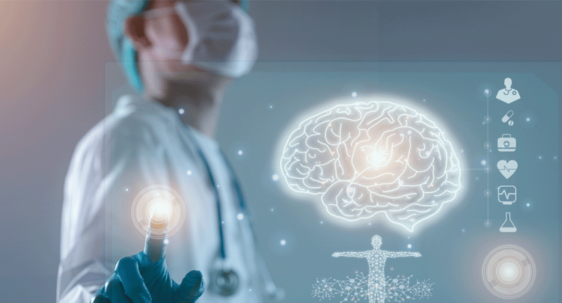 Physician with futuristic tools studying the brain