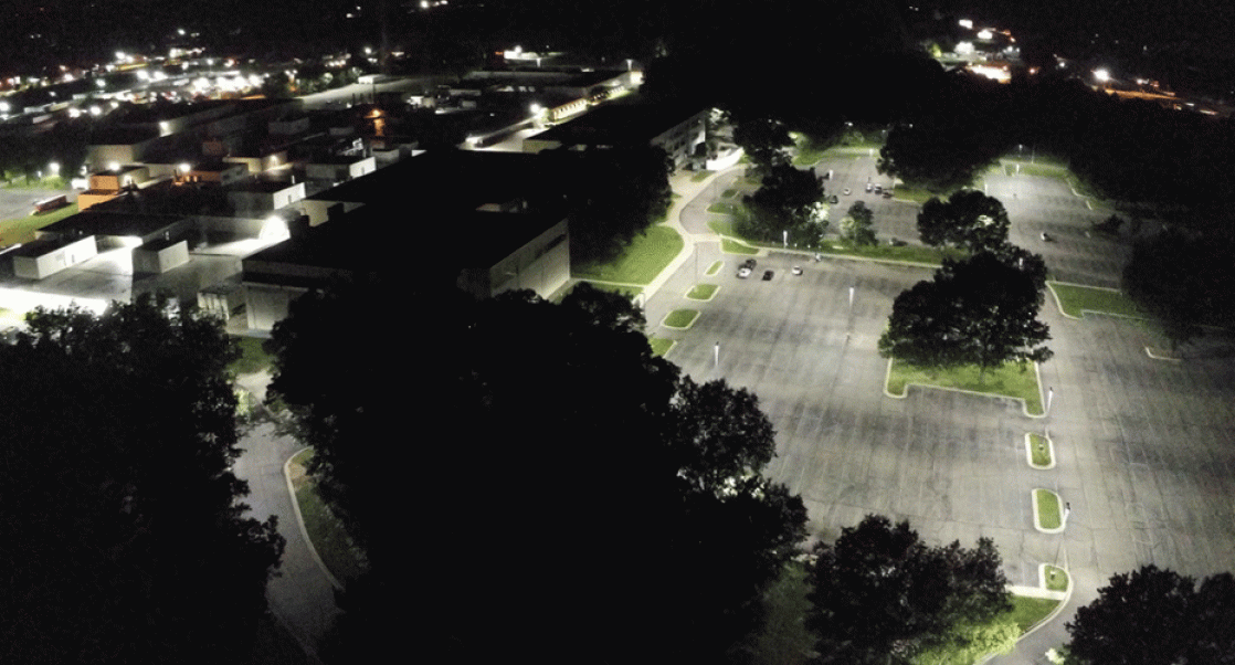 Nightscape of CRL parking lot, Mattawan, after conversion from HPS to LED.