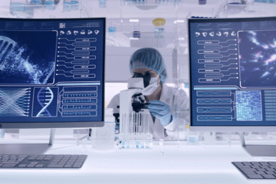 Image of a futuristic laboratory using next-gen digital tools.