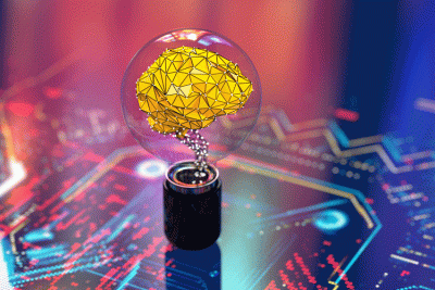 A lightbulb with a brain inside. Depicts the growing trend in AI in drug discovery.