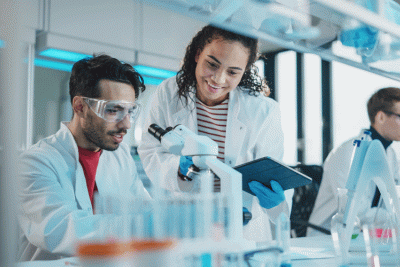 Young scientists working in a high-tech lab.