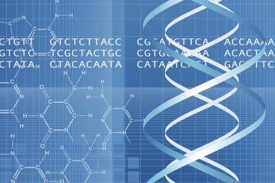 DNA double helix against backdrop of chemical codes