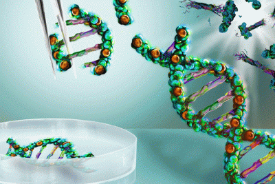 Strands of DNA being cut-up to demonstrate CRISPR
