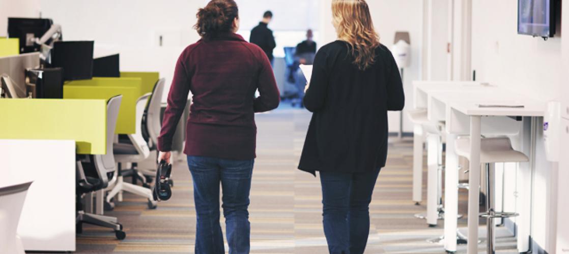 The Vital Science podcast episode 04 logo depicts Gina Mullane and Carina Peritor walking down a hallway.