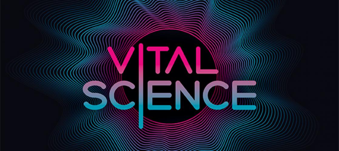 The Vital Science podcast episode 00 logo depicts a graphic rendering of a sound wave with a blue to pink gradient.